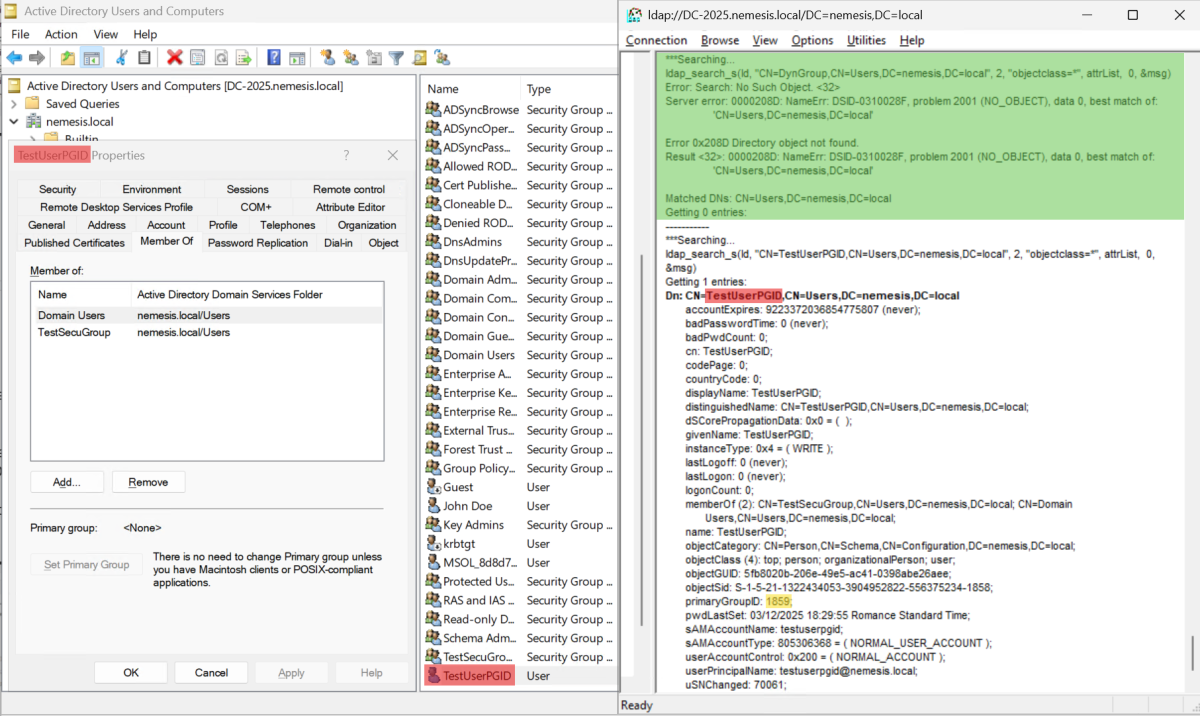 Orphaned user account after its dynamic primary group has expired, resulting in a missing group record and a broken <None> primary group assignment in the MMC